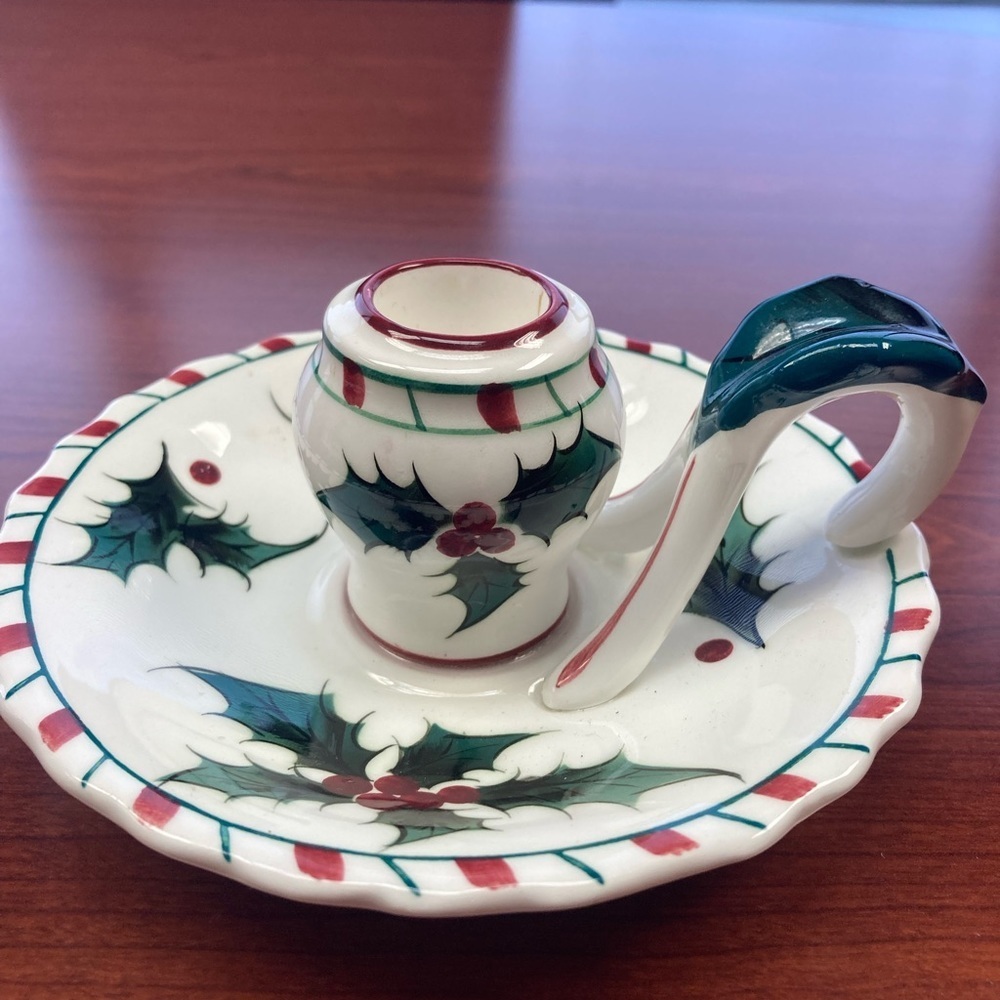 (2) Lefton vintage holly & candy cane finger loop candlestick holders Christmas